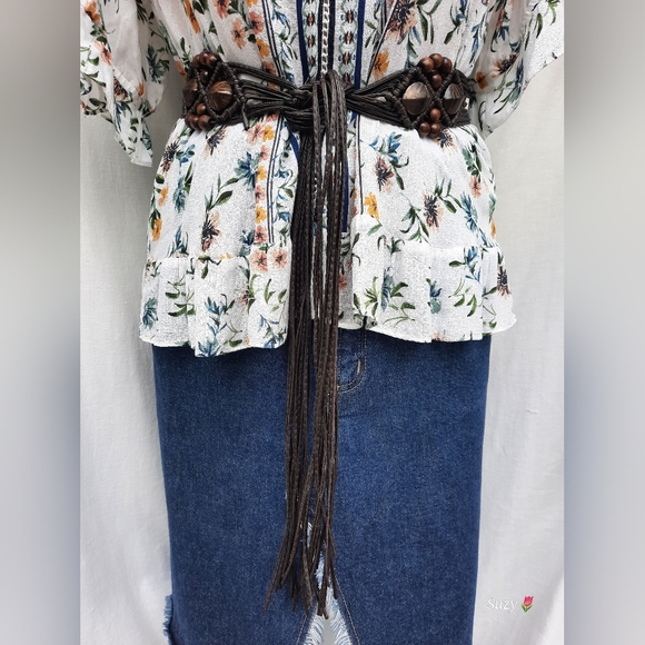 Beaded Macramé Belt, Brown Leather-Look Lace, Tie Up, Long Fringes - Picture 8 of 9